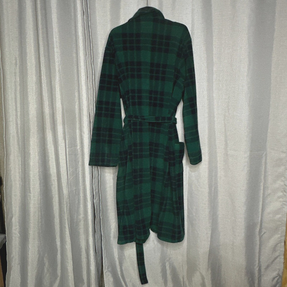Lands End Fleece Robe Mens XL (46-48) Green Blue Plaid Comfort Lounge Belted - Picture 4 of 10